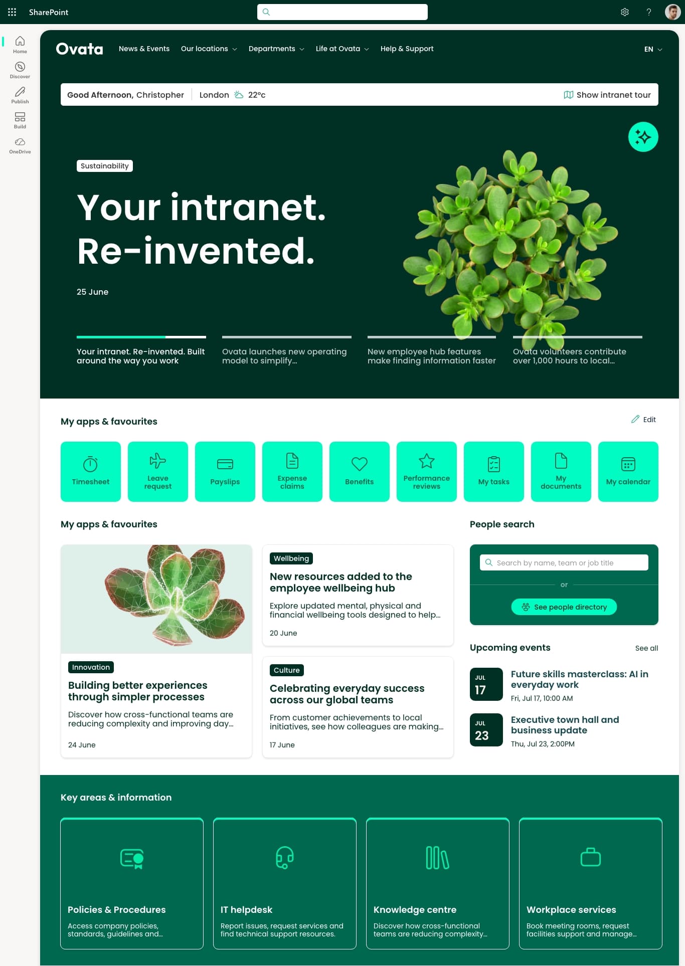 Lightspeed365 branded SharePoint intranet showing news feed, navigation, and personalized content