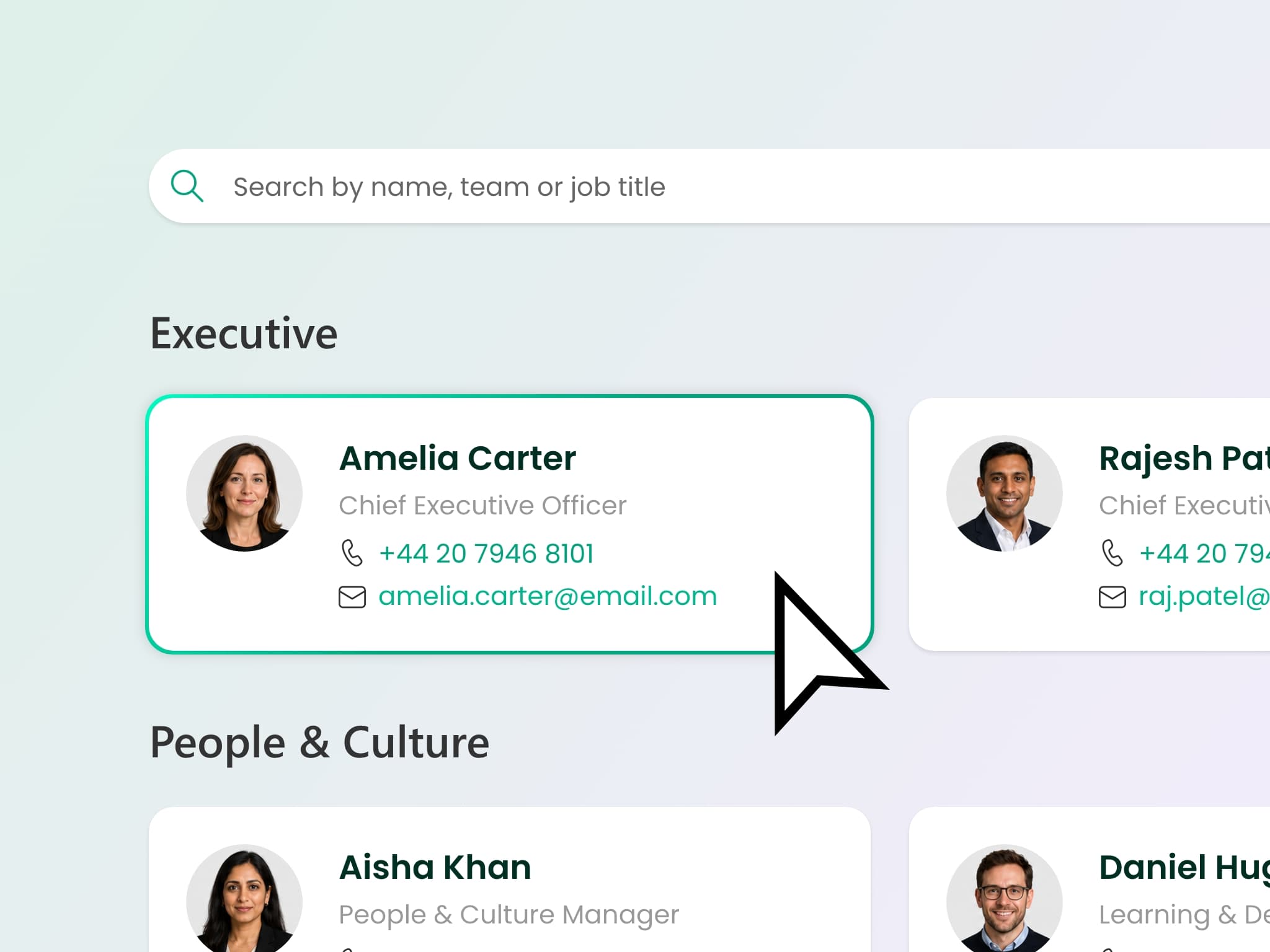People directory with skills search and page tour overlay guiding a new employee